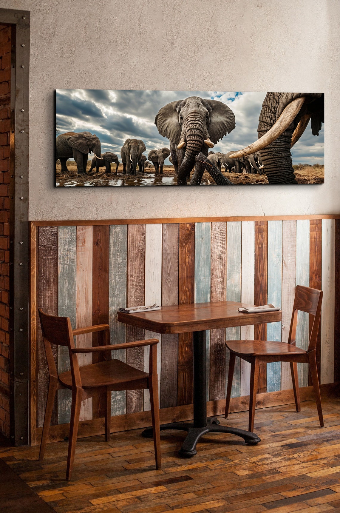 Panoramic African Elephant Herd Watering Hole Wildlife Wall Art - Image 3