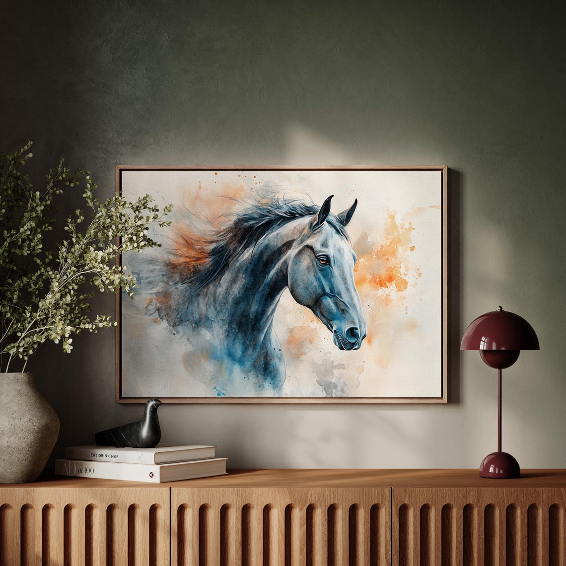 Wild Horse Head Watercolor Painting With Rust Orange Splash Poster - Image 4