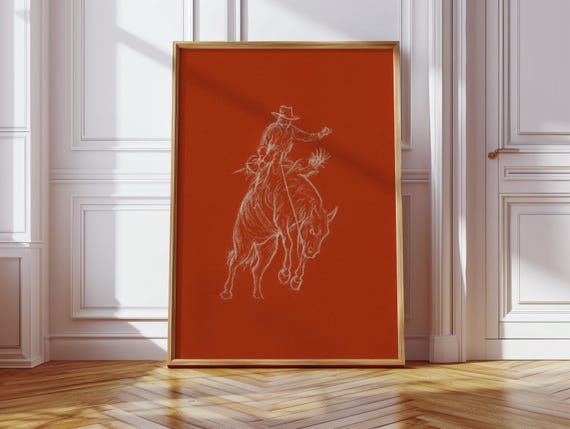 Minimalist Cowboy On Bucking Bronco Sketch Western Rodeo Wall Art Rustic Red Background