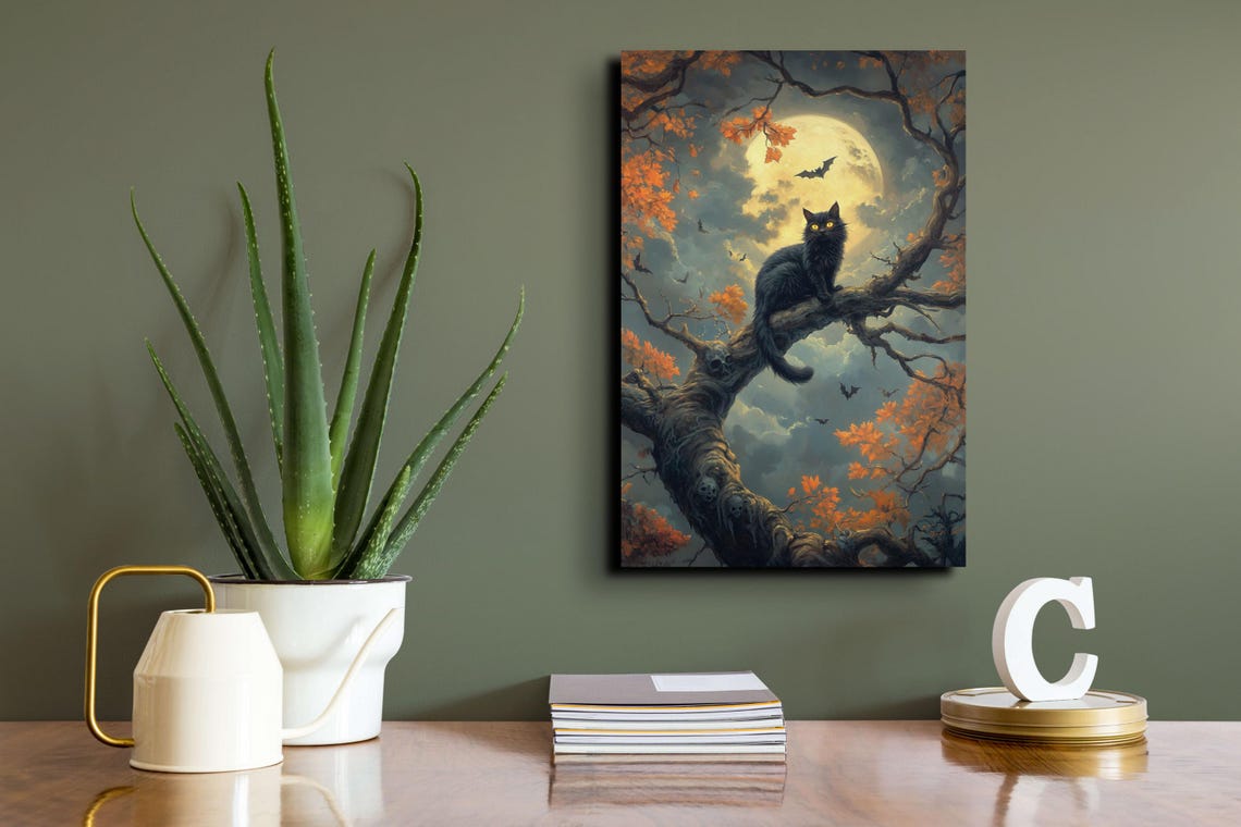 Black Cat Under Full Moon Autumn Tree Halloween Night Poster - Image 5