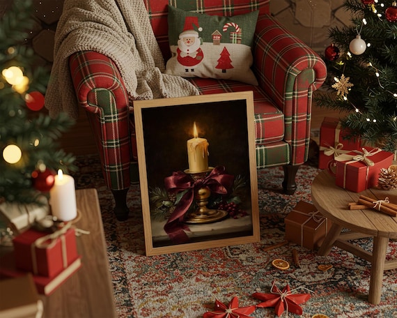 Golden Candle With Red Ribbon, Holiday Glow Art Print