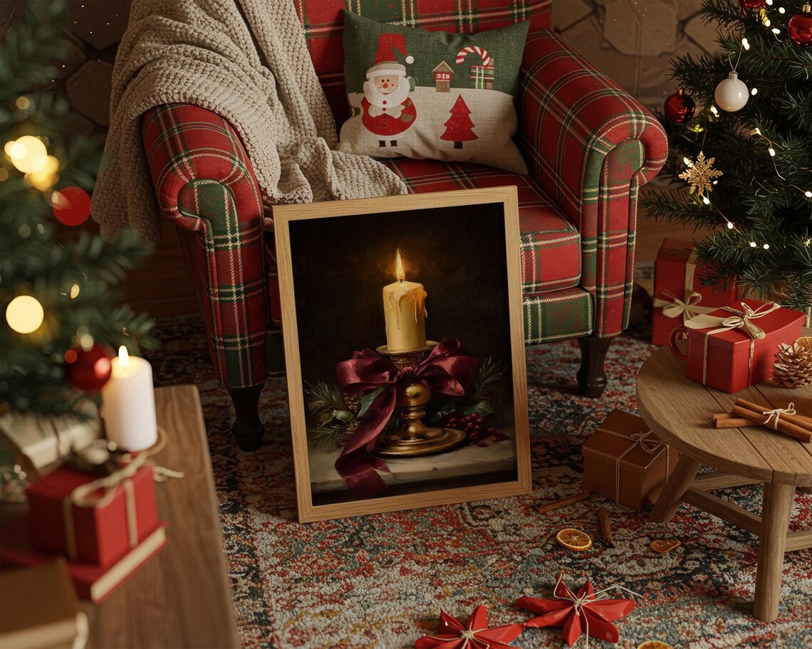 Golden Candle With Red Ribbon, Holiday Glow Art Print