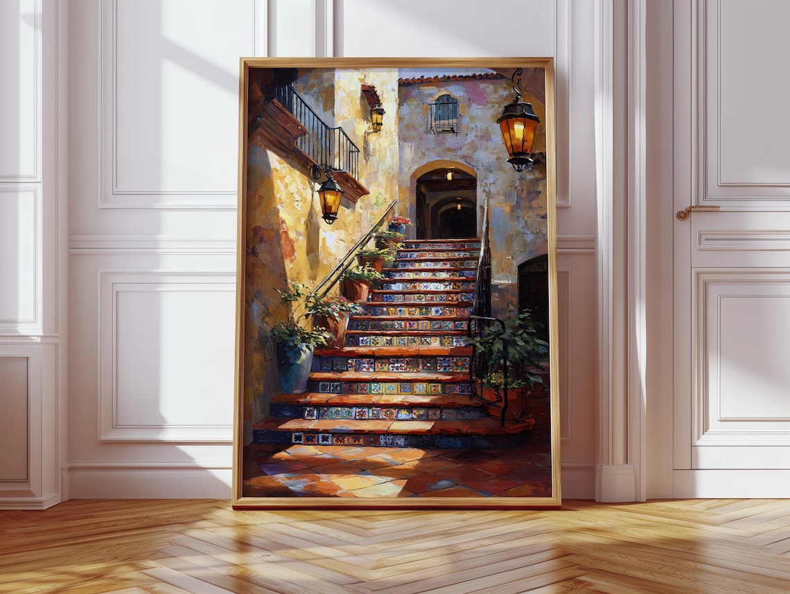 Spanish Tile Staircase, Mediterranean Rustic Art Print
