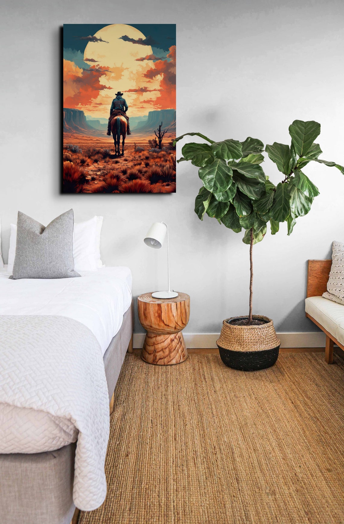 Cowboy Riding Toward Giant Moon Through Desert Canyon Art Poster - Image 4