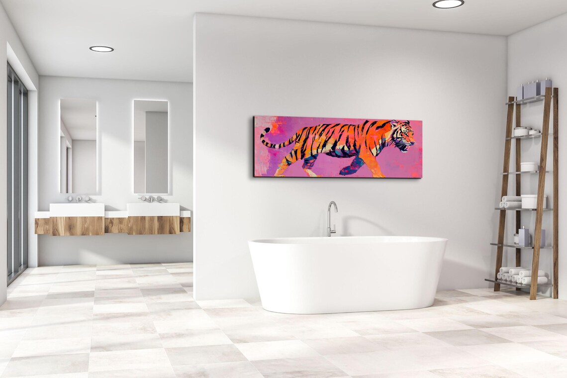 Bold Orange Tiger Pink Pop Art Panoramic Wildlife Painting Poster - Image 3