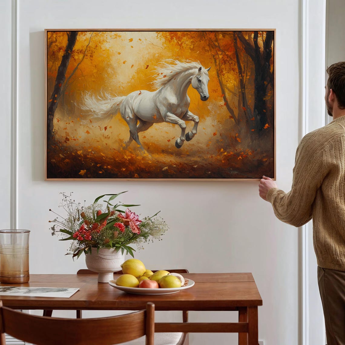 Majestic White Horse Galloping Golden Autumn Forest Equestrian Poster - Image 2