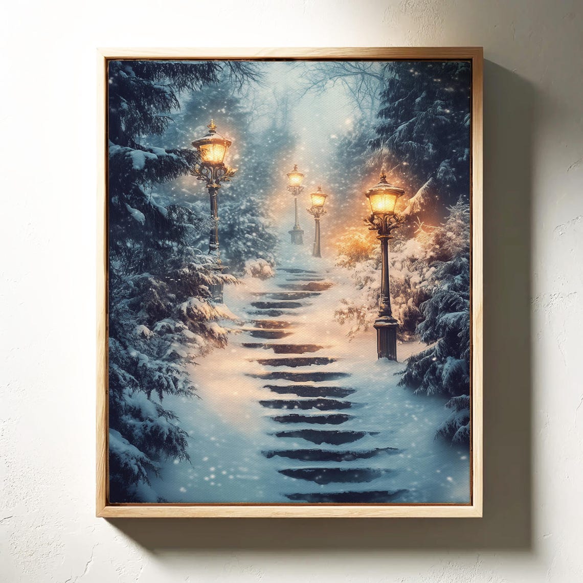 Snowy Staircase With Glowing Lampposts In Winter Night Forest Wall Art - Image 3