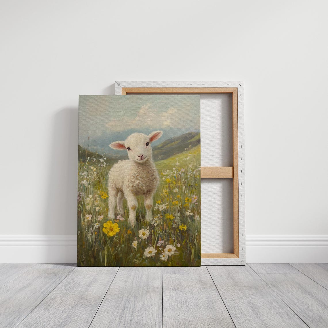 Whimsical Lamb In Wildflower Meadow Mountain Hills Spring Poster - Image 3