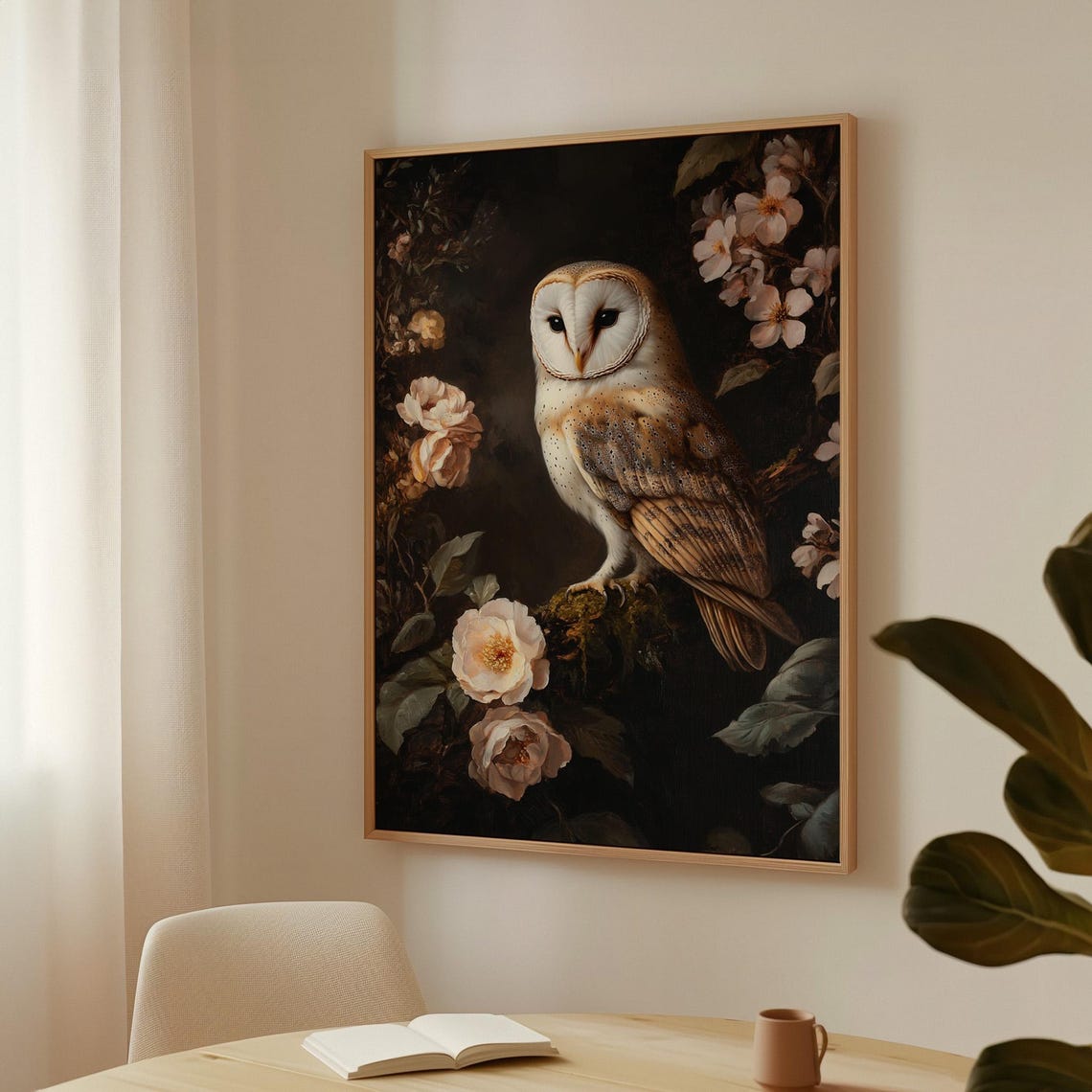 Barn Owl Perched on Mossy Branch Dark Floral Wildlife Art Poster