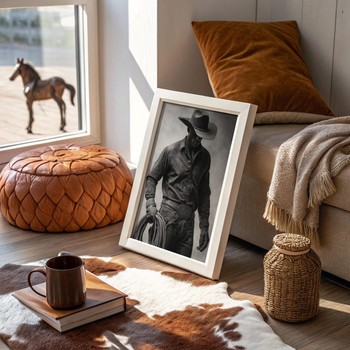 Cowboy Standing in Shadow with Rope Moody Western Art Poster