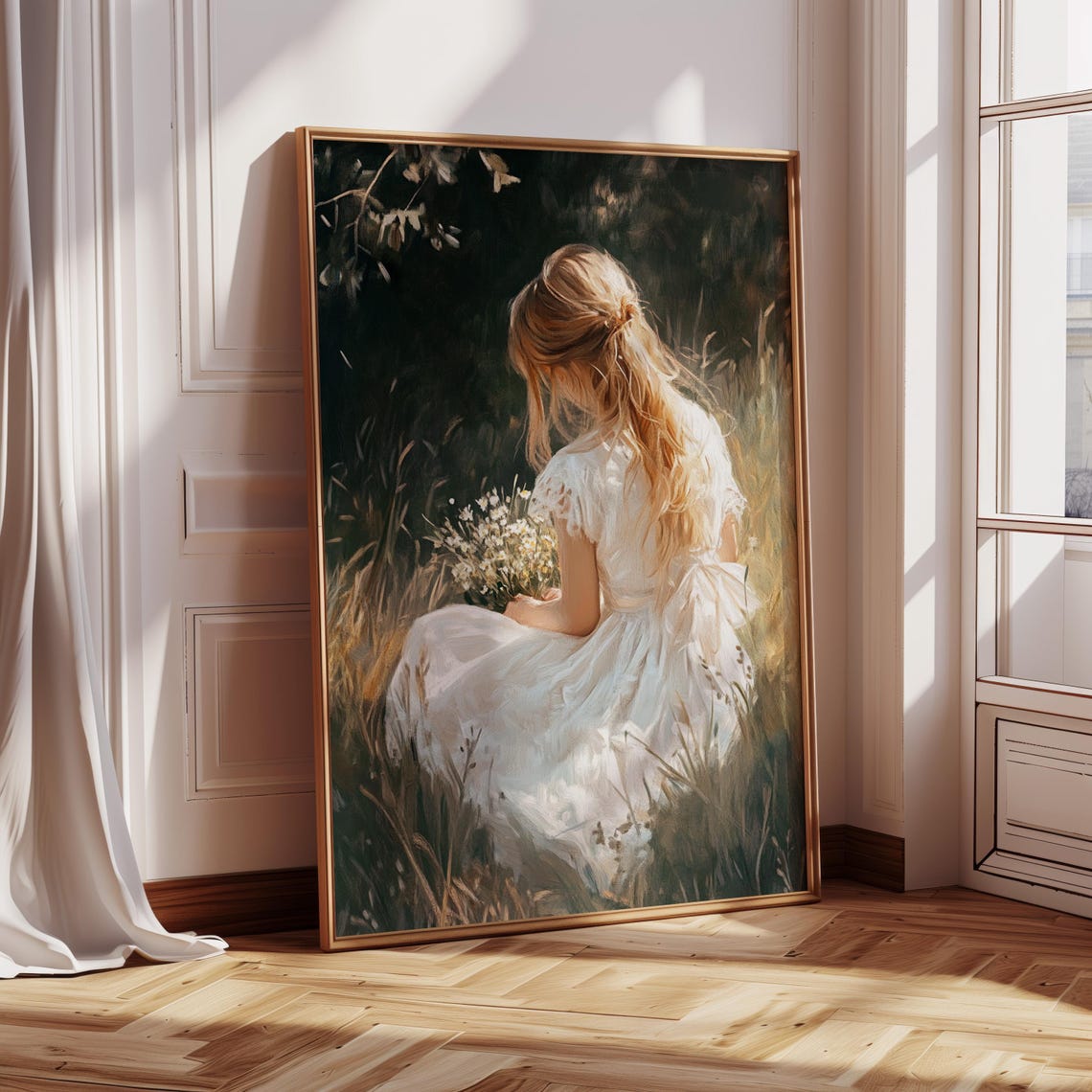Moody Girl in White Dress Sitting in Grass Wildflowers Art Poster