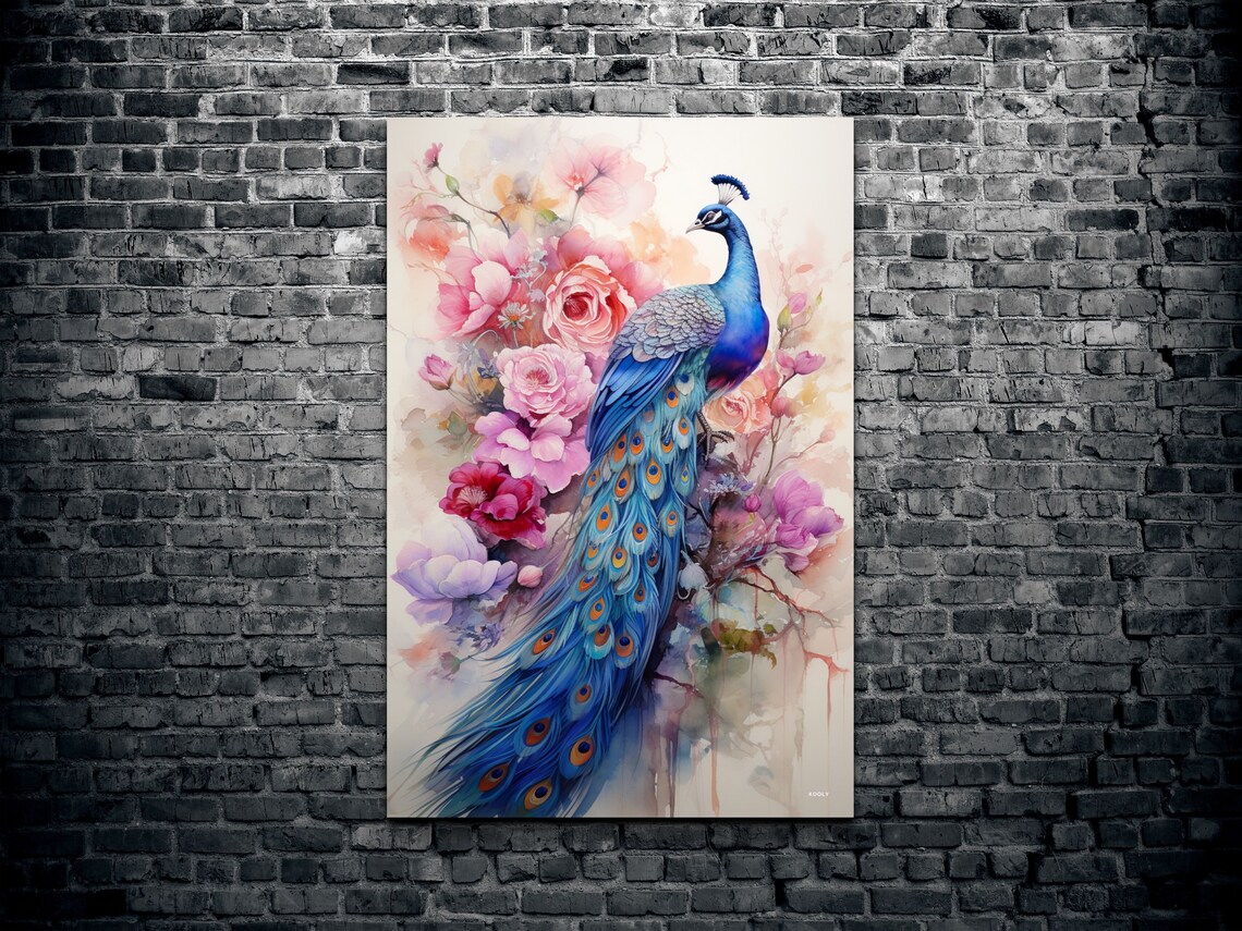 Peacock With Pink Flowers Vintage Oil Painting Style Art Poster - Image 2
