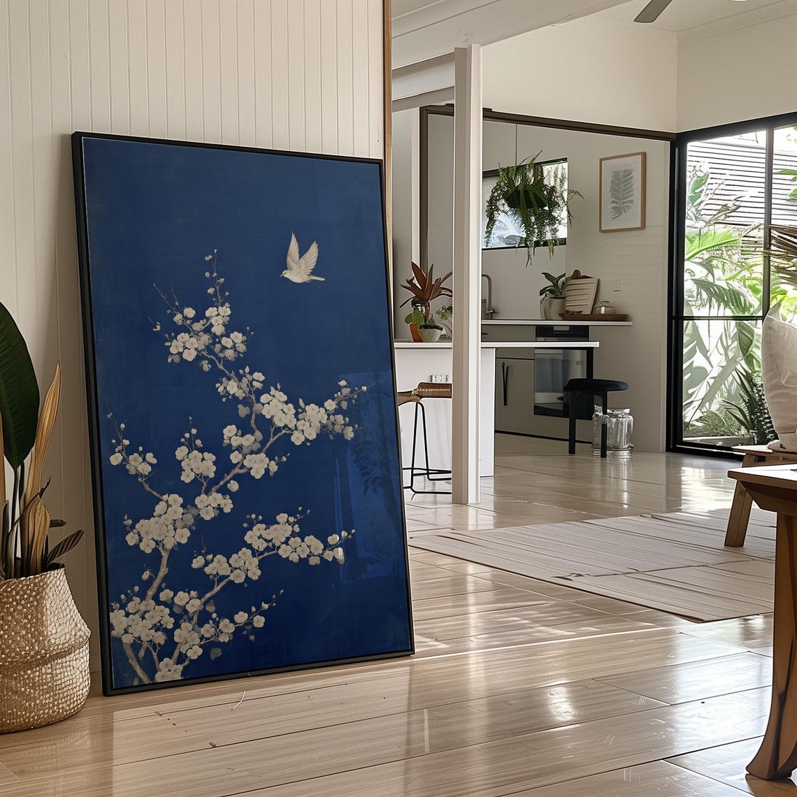 White Bird Over Blue Blossoms Art Print