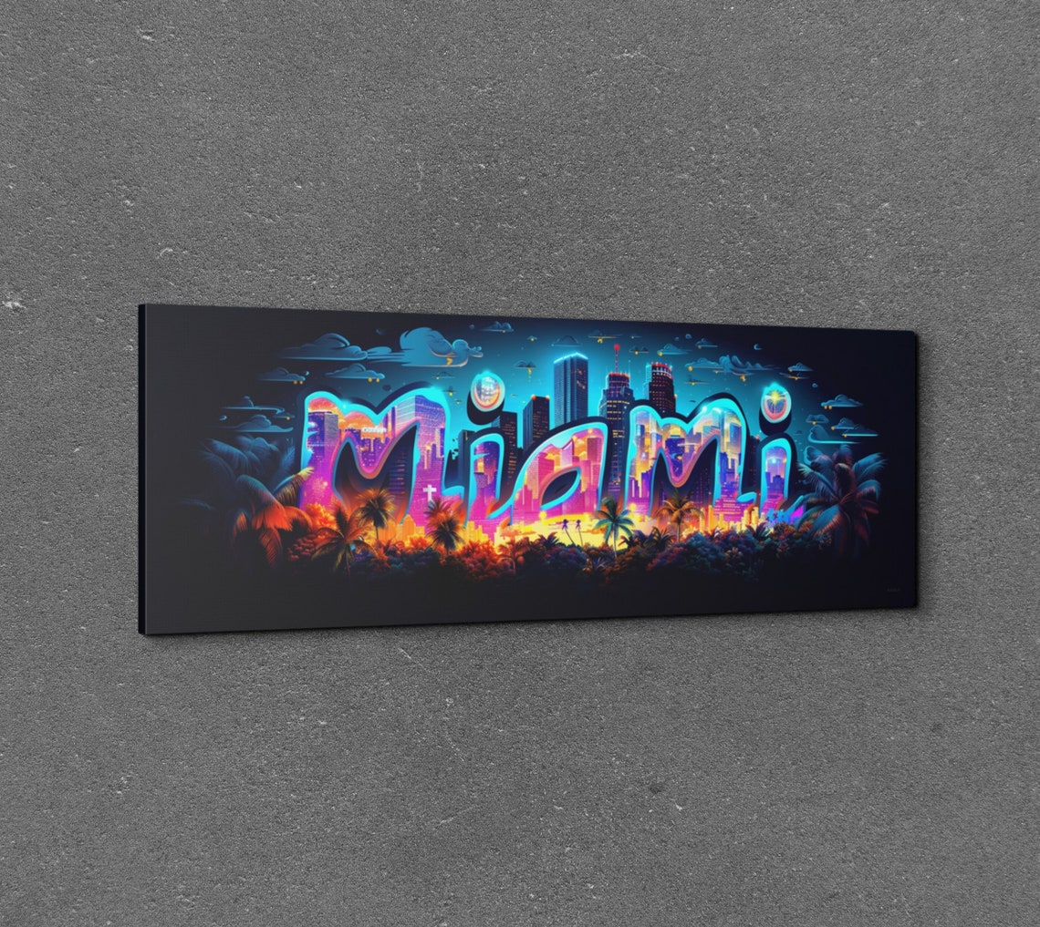 Miami Neon Lettering Night Skyline Panoramic City Glow Poster - Image 4