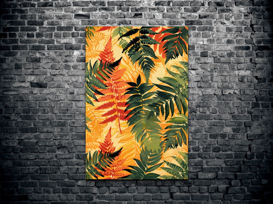 Autumn Fern Leaves Pattern Orange Green Botanical Wall Print - Image 2