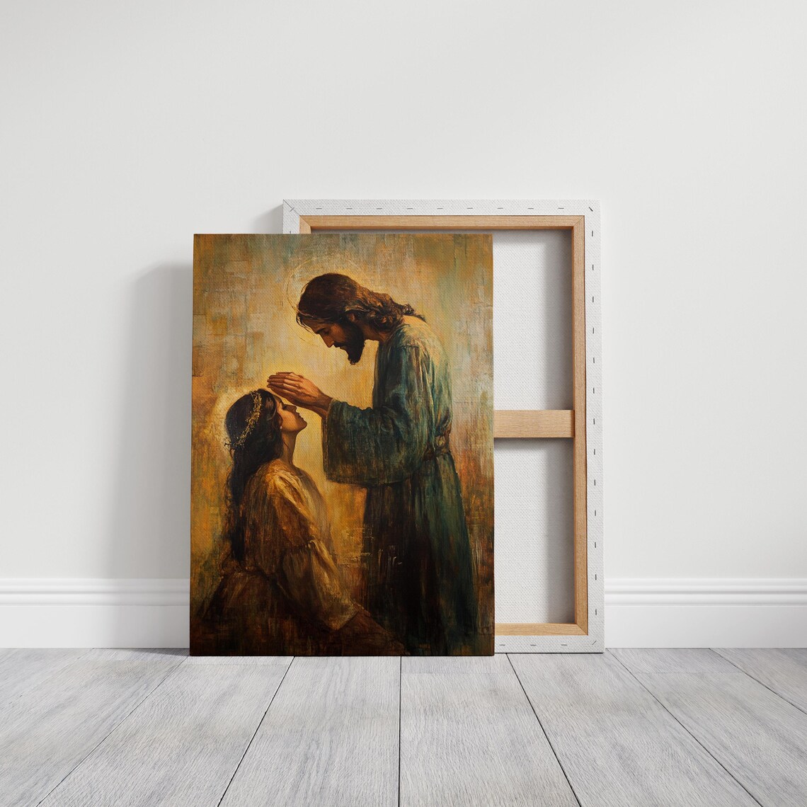 Jesus Blessing a Kneeling Woman in Warm Golden Oil Painting Style Poster - Image 6