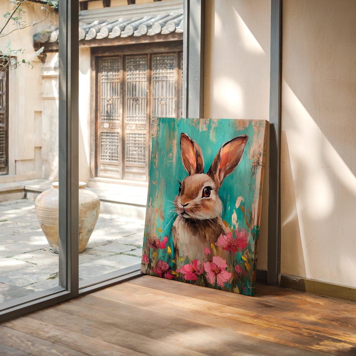 Brown Rabbit Among Pink Blossoms on Turquoise Painted Backdrop Poster - Image 3