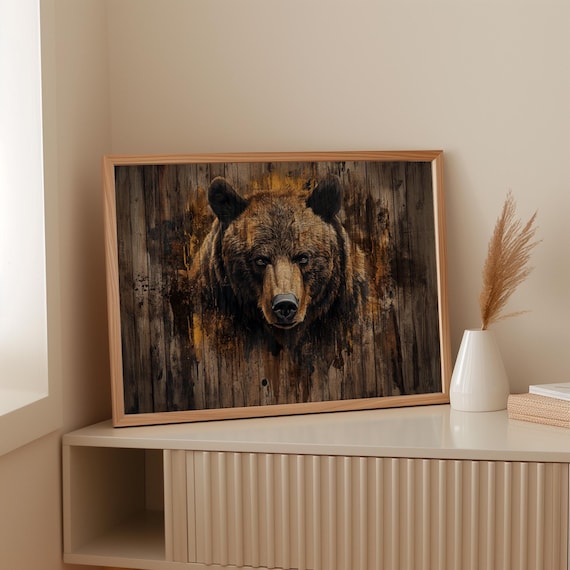 Rustic Grizzly Bear Wall Art On Wood Wildlife Animal Canvas Print Cabin Lodge Decor Artwork For Home Or Office