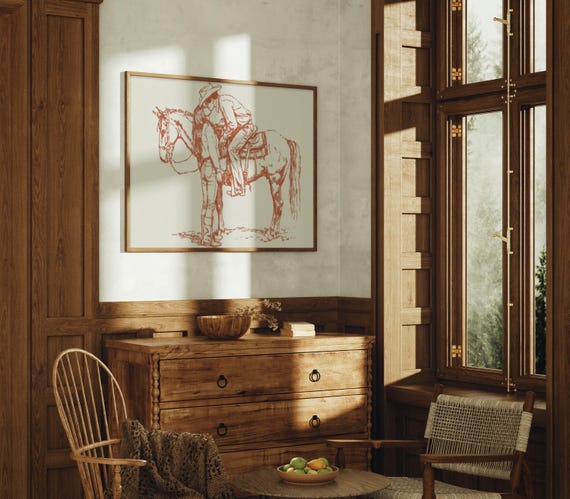 Cowboy Kiss Drawing Rustic Western Love Wall Art