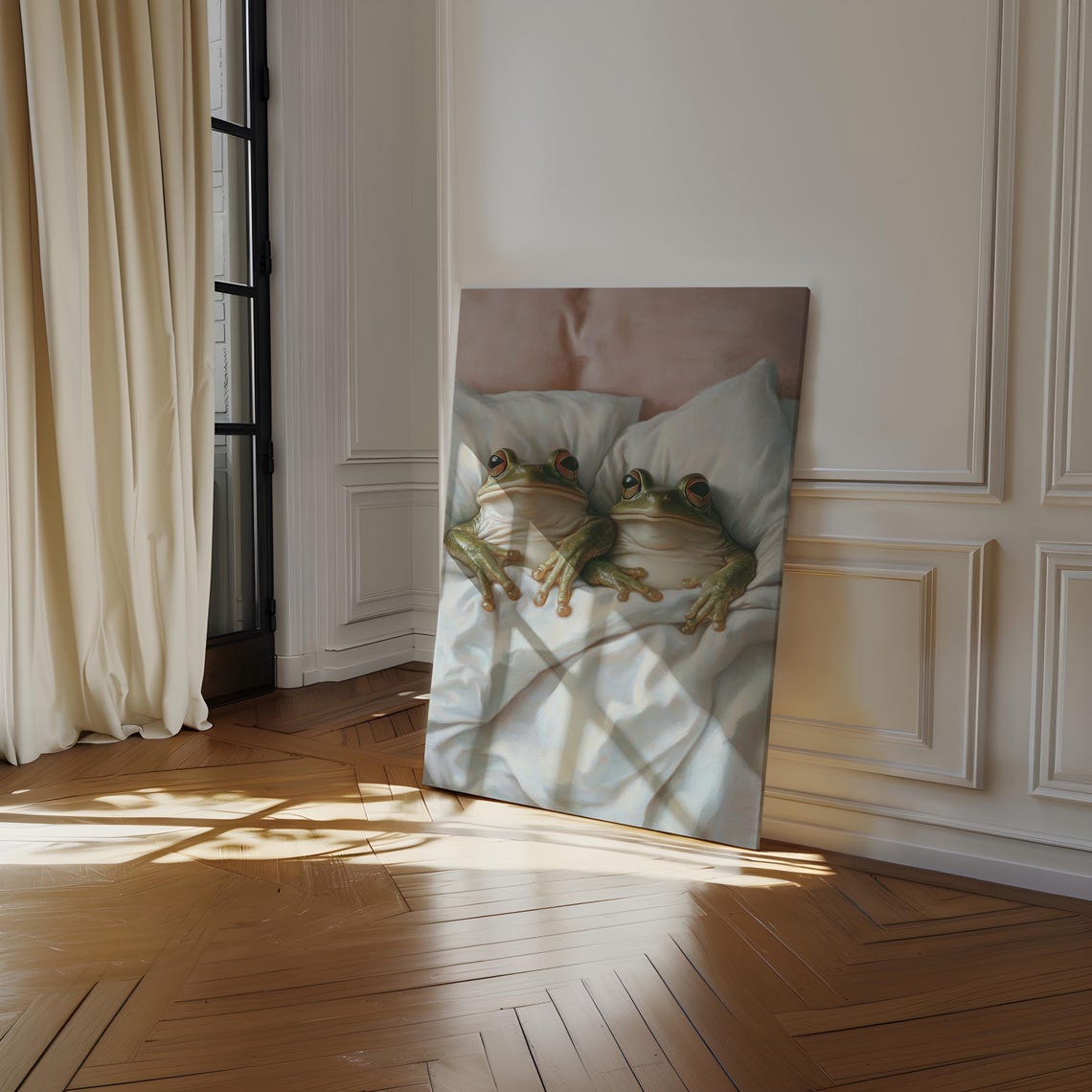 Cozy Frog Pair Snuggled In White Bed Quirky Cute Animal Poster - Image 4