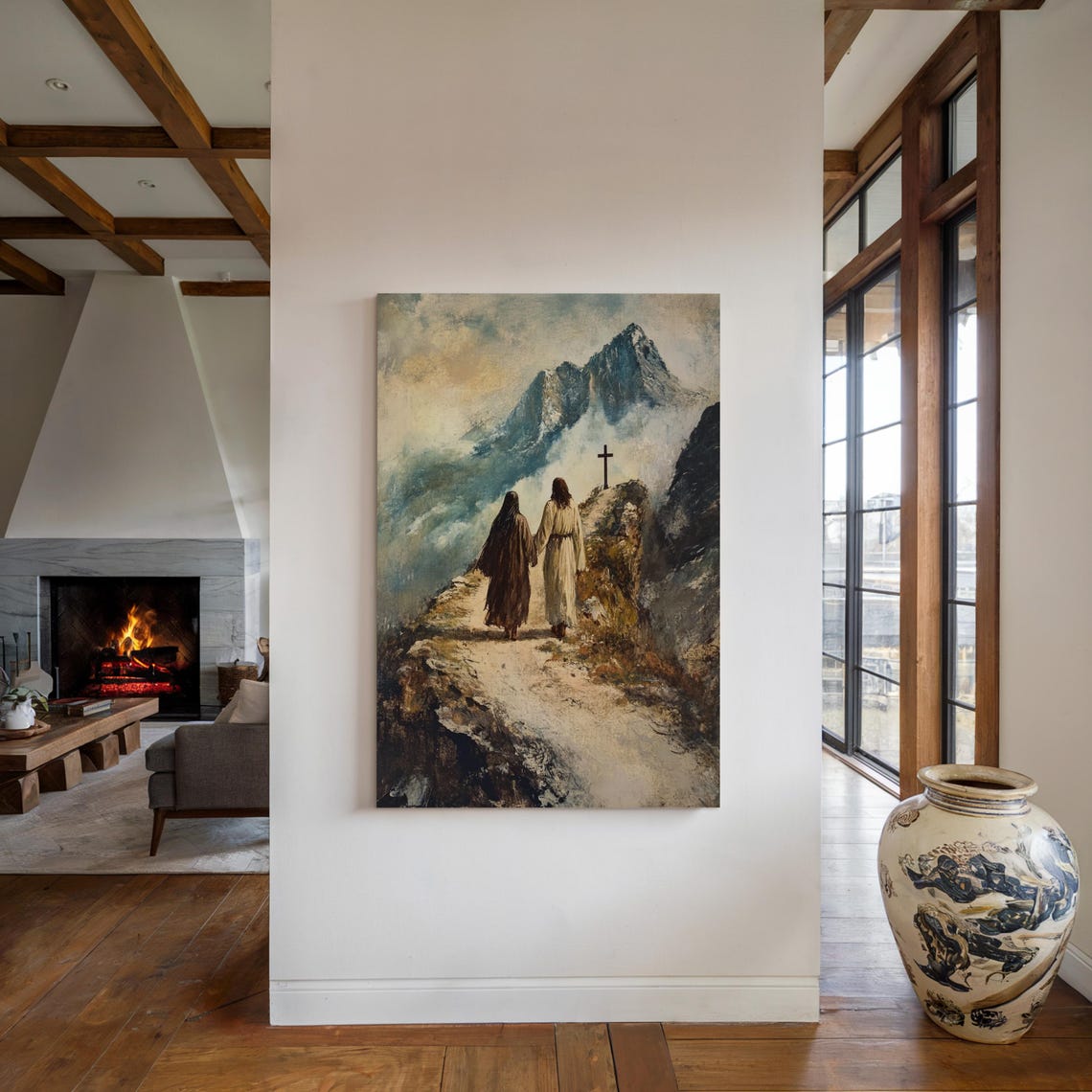 Jesus Walking With a Woman Toward a Cross on a Mountain Path Poster - Image 4