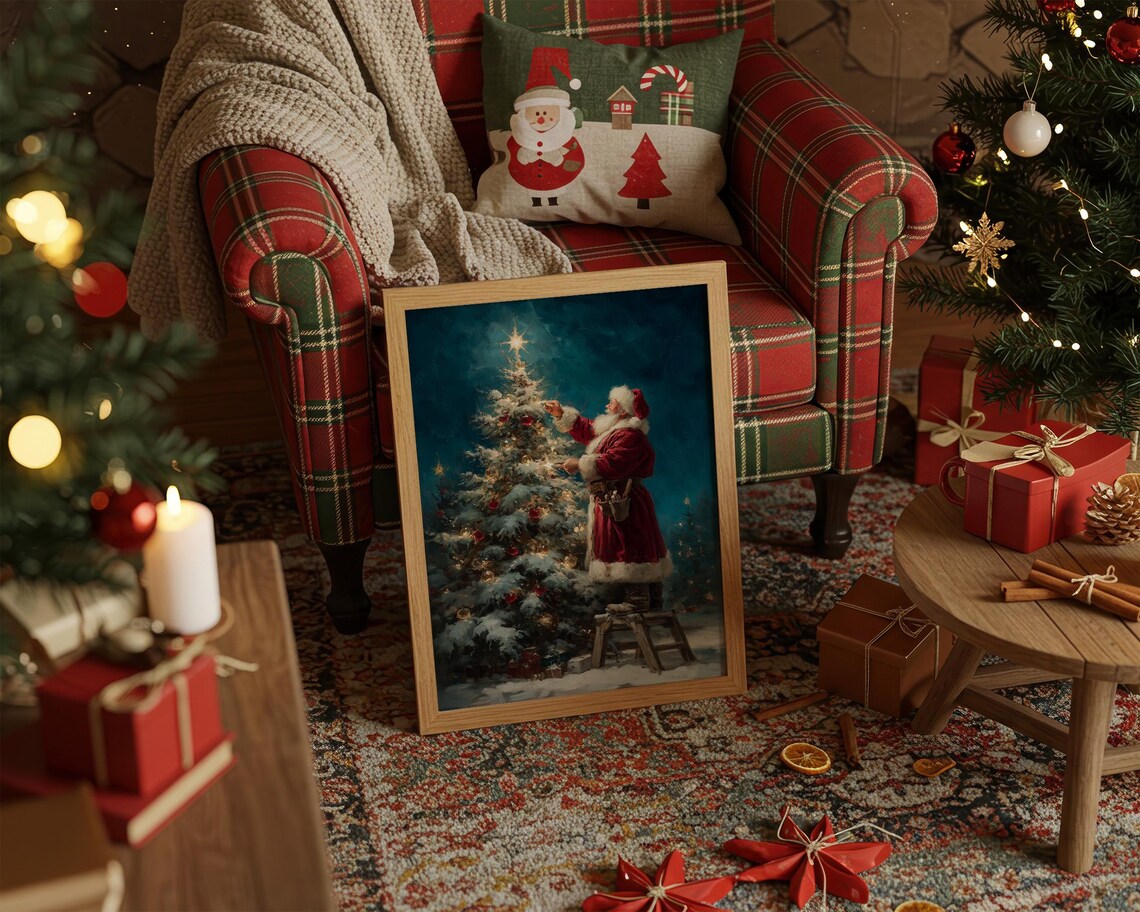 Santa Decorating Christmas Tree, Vintage Holiday Poster