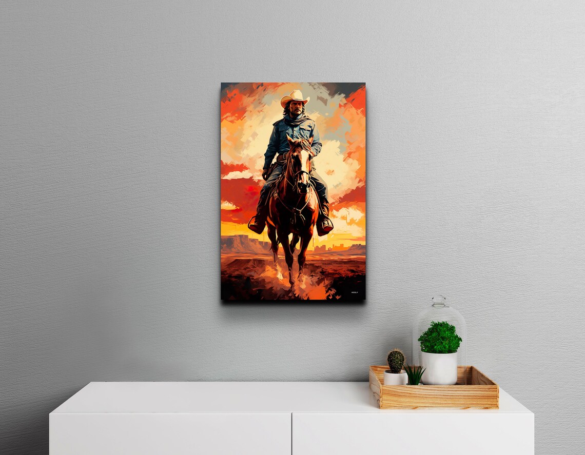 Cowboy Riding Into The Sunset, Southwestern Art Print - Image 5