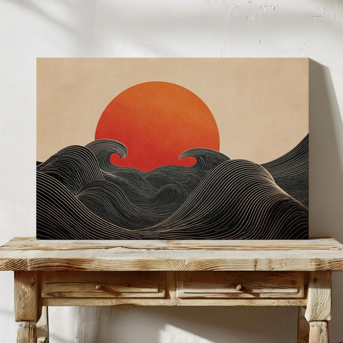 Rising Red Sun Over Stylized Modern Japanese Waves Line Art Poster