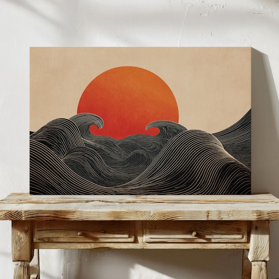 Rising Red Sun Over Stylized Modern Japanese Waves Line Art Poster