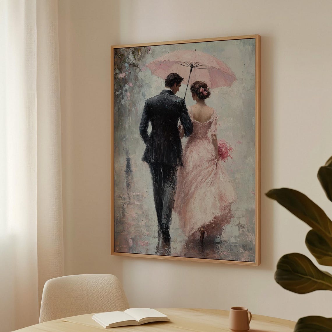 Romantic Stroll In Rain Couple Under Pink Umbrella Elegant Love Poster - Image 3