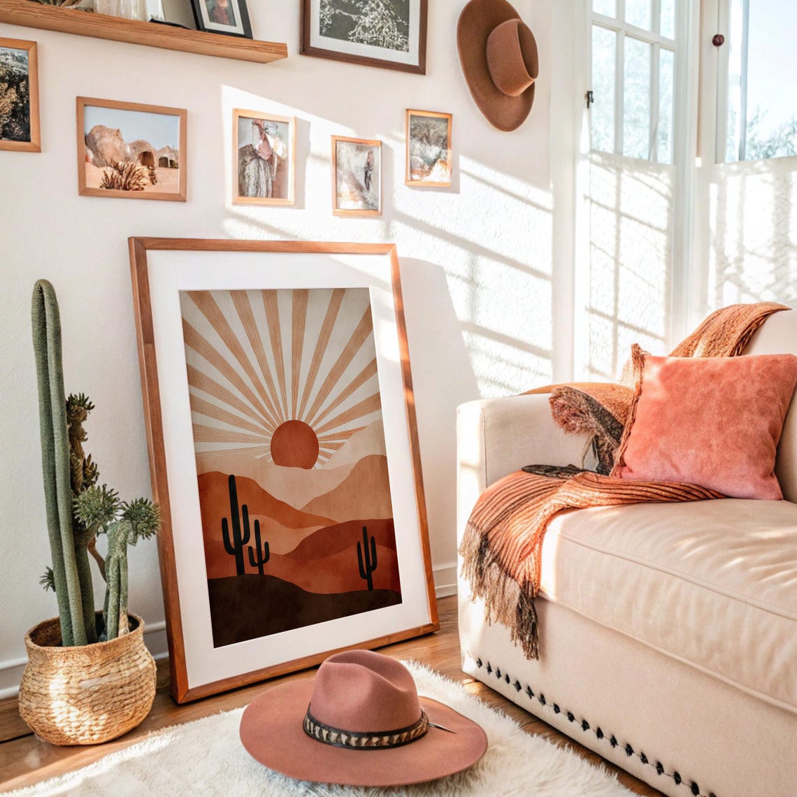 Minimal Desert Sunrise Poster, Terracotta Cactus Silhouette Decor