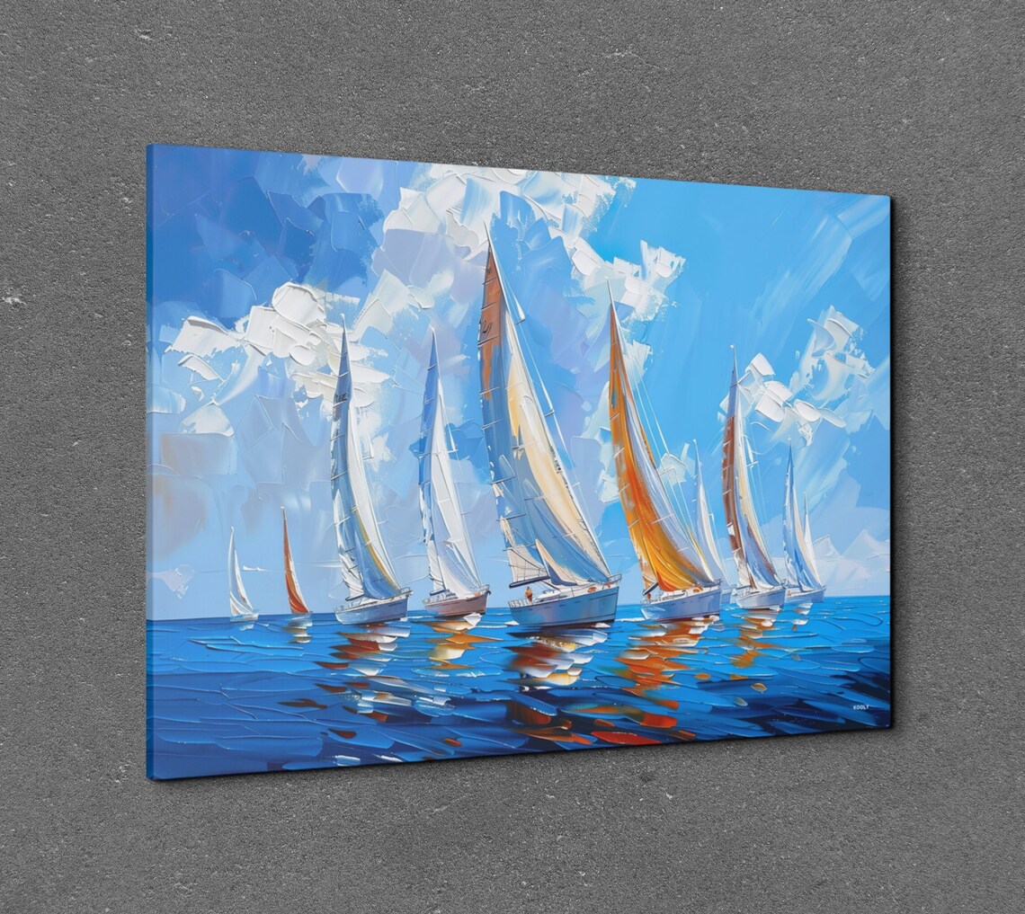 Sailboat Regatta Bright Blue Sea Impasto Sailing Race Poster - Image 3