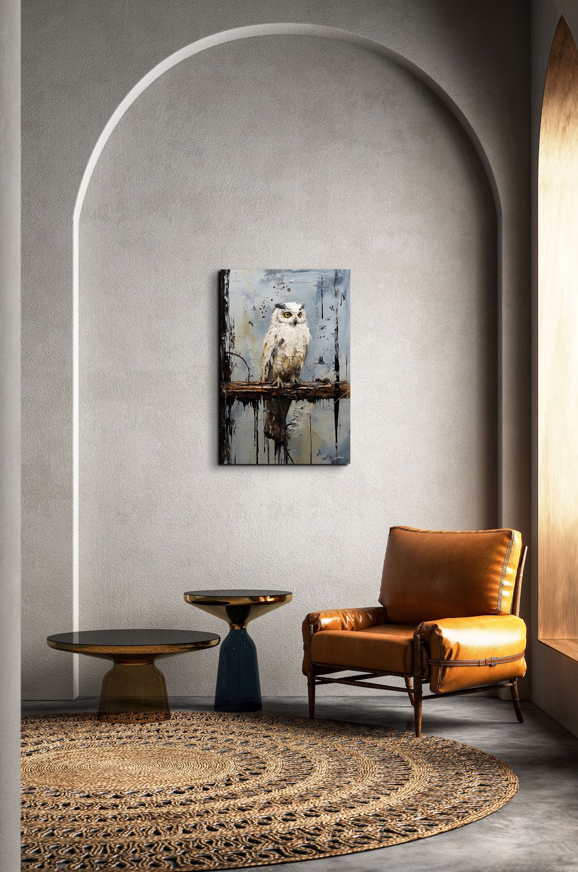 White Owl Perched On Branch Textured Oil Painting Style Poster - Image 4