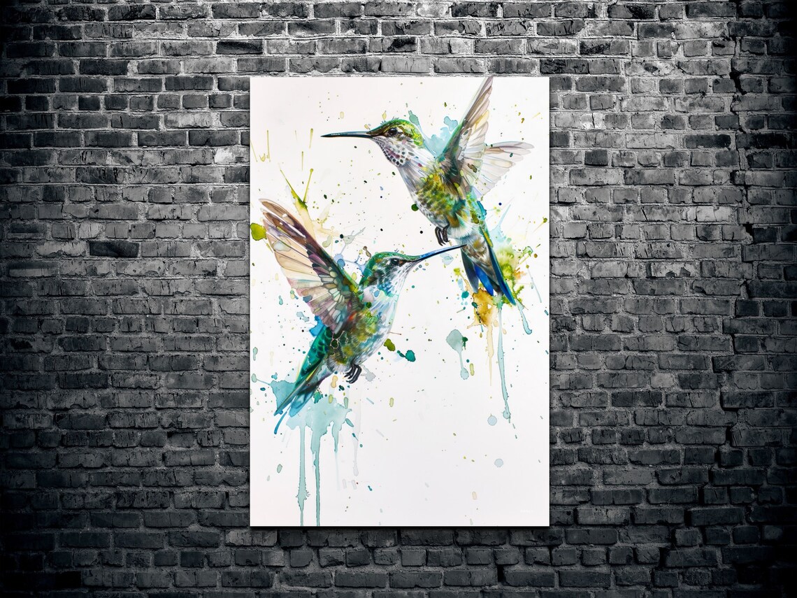 Watercolor Turquoise Hummingbirds Wall Art Print - Image 2