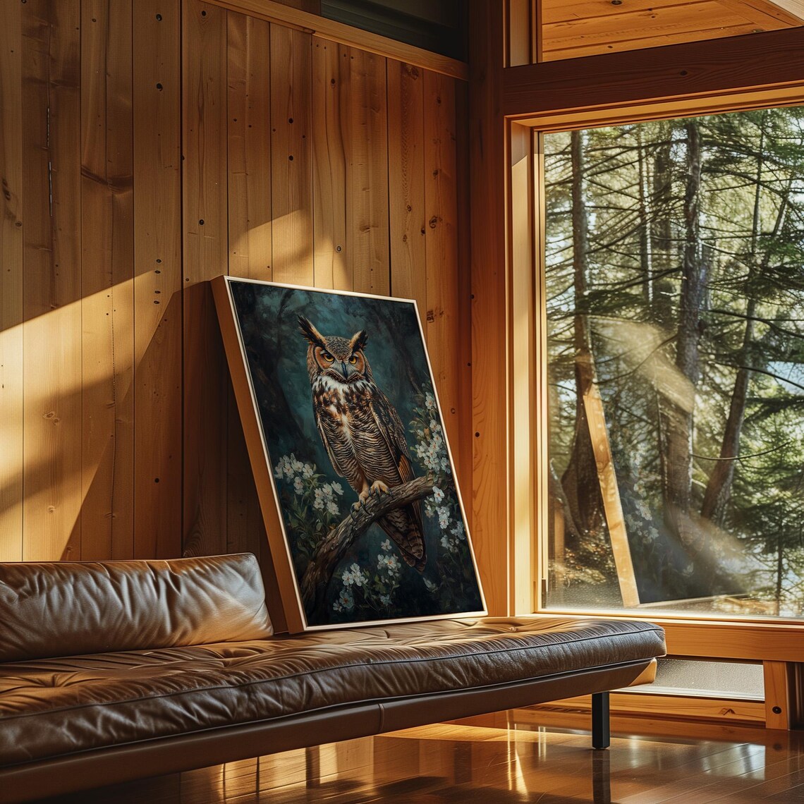 Great Horned Owl With White Flowers Wildlife Nocturnal Painting Poster - Image 5