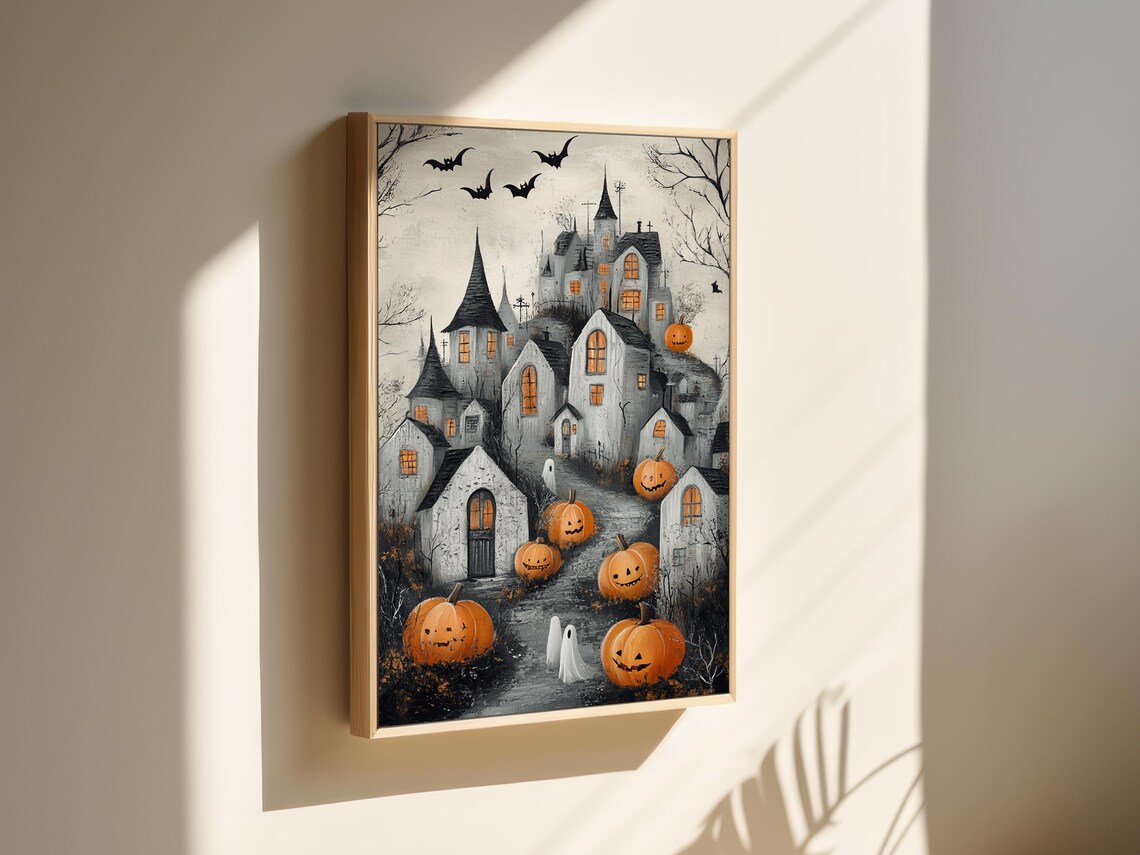 Spooky Haunted Village Pumpkins Ghosts and Bats Halloween Wall Art Print - Image 3