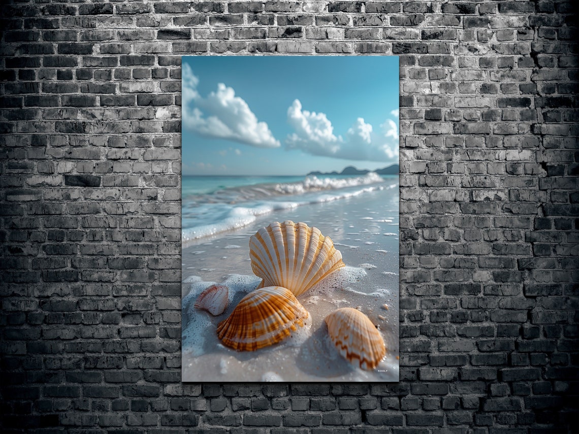Seashells Resting at the Ocean Water Edge in White Foam Poster - Image 2