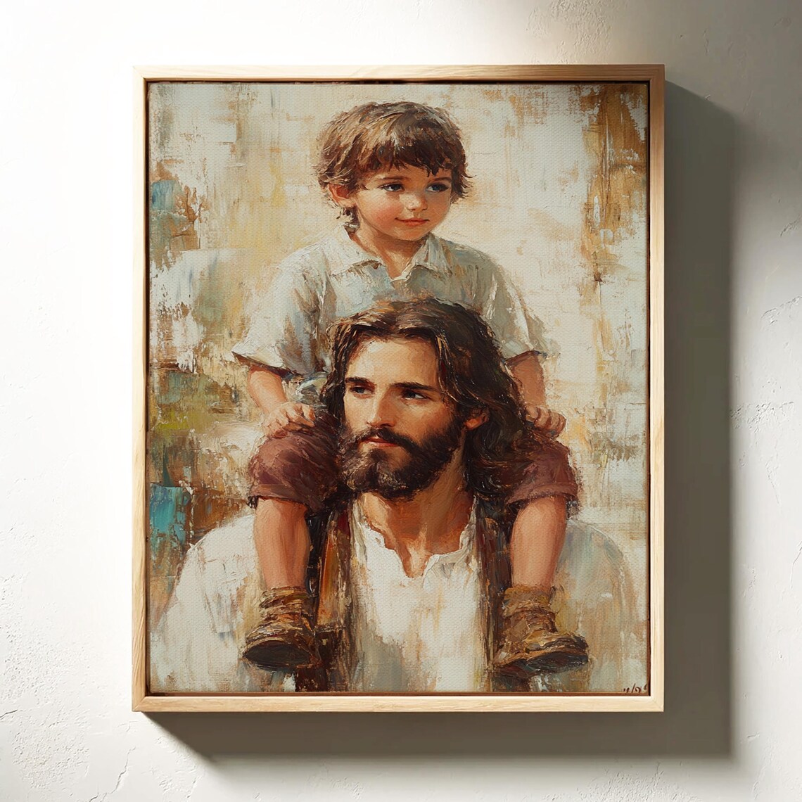 Boy Sitting on the Shoulders of Jesus in a Warm Portrait Poster
