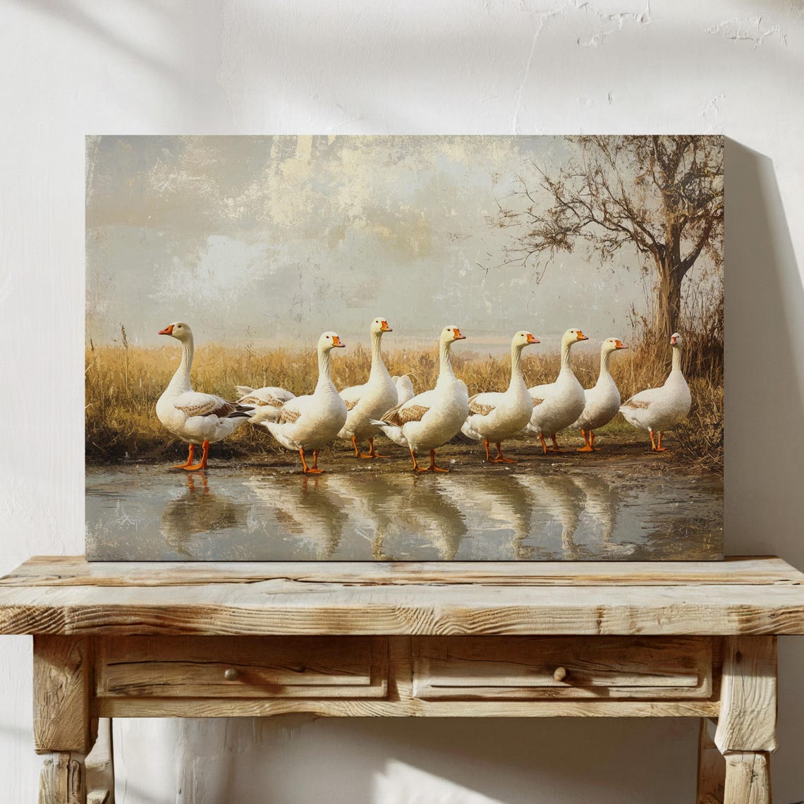 White Geese Standing In Shallow Water Soft Vintage Wildlife Art Print - Image 4