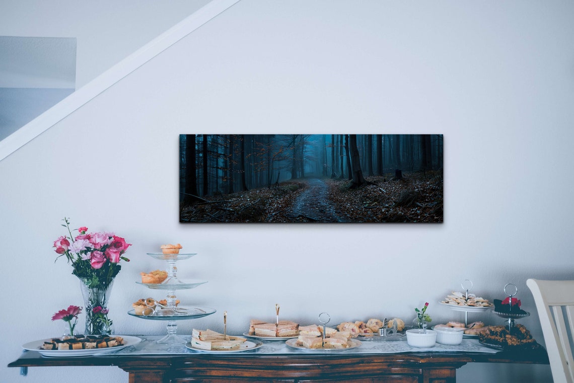 Mysterious Forest Trail Winding Through Dark Blue Trees at Dusk Poster - Image 6