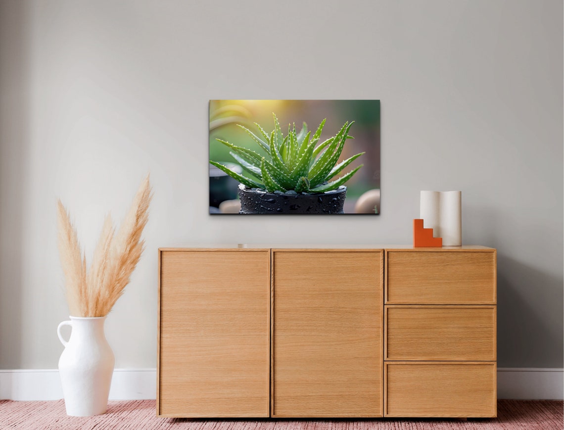 Potted Aloe Vera Succulent Black Pot Fresh Green Botanical Wall Art - Image 5