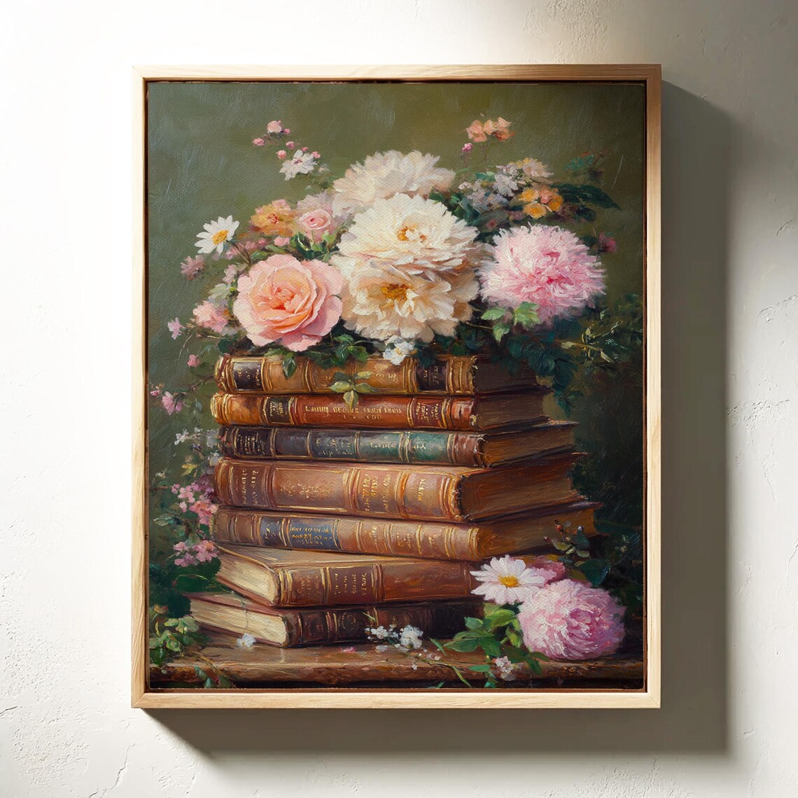 Vintage Oil Painting of Antique Books and Roses - Image 3