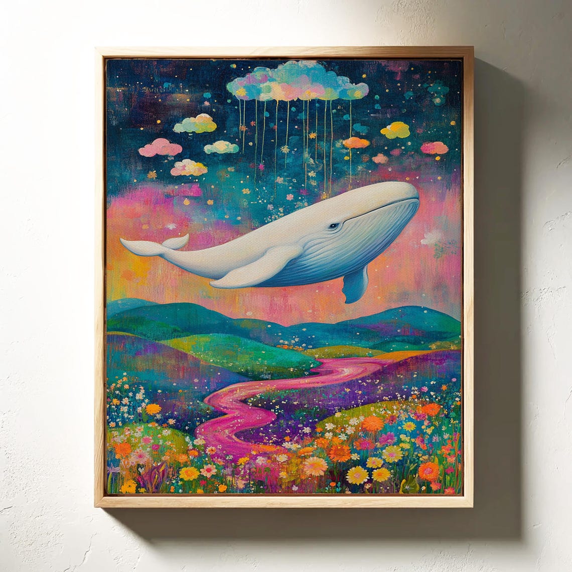 Enchanting White Whale Above Pink Winding River Meadow Poster - Image 4