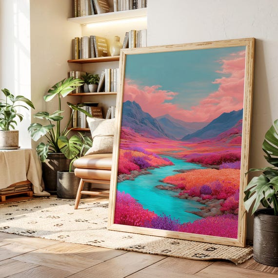 Colorful Fantasy Landscape Canvas Wall Art Vibrant Pink And Purple Mountains With Turquoise River Surreal Nature Artwork For Home Dcor