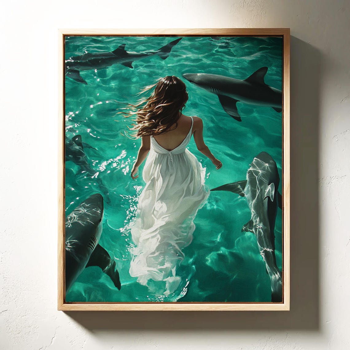 Woman in White Dress with Sharks Ethereal Ocean Surreal Art Poster - Image 3