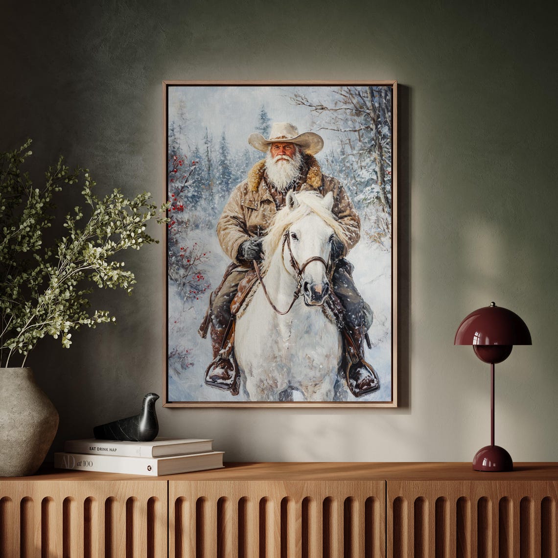 Cowboy Winter Ride White Horse Snowy Forest Vintage Wall Poster