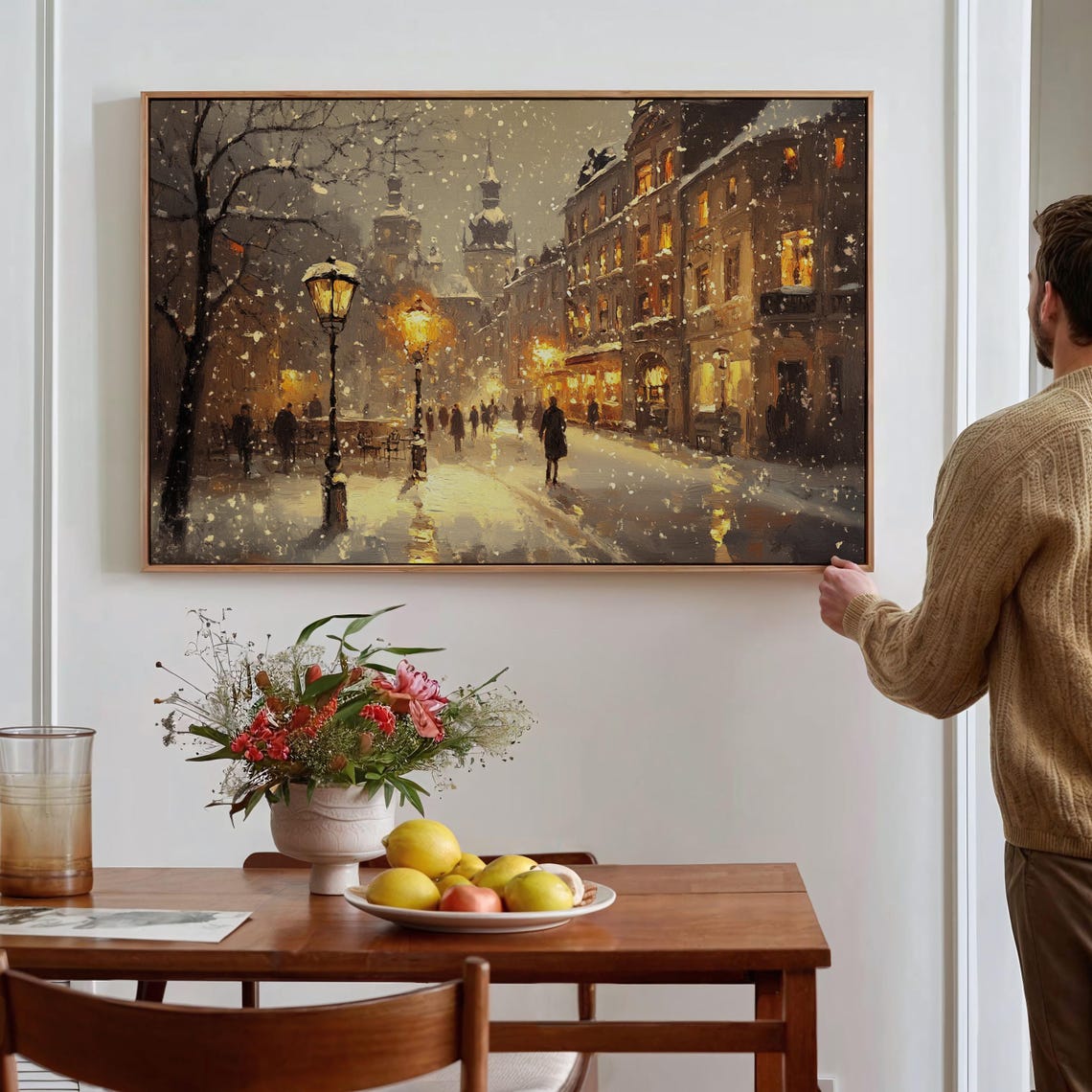 Snowy Evening City Street Lamps Old Town Winter Night Poster - Image 4