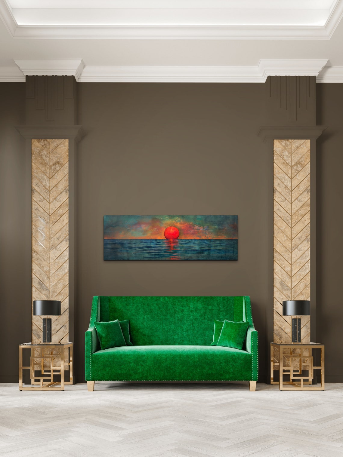 Big Red Sun Over Teal Ocean Textured Abstract Seascape Poster - Image 3