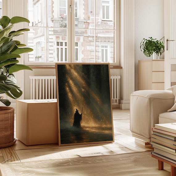Dark Wizard with Staff in Golden Forest Light Beam Fantasy Poster