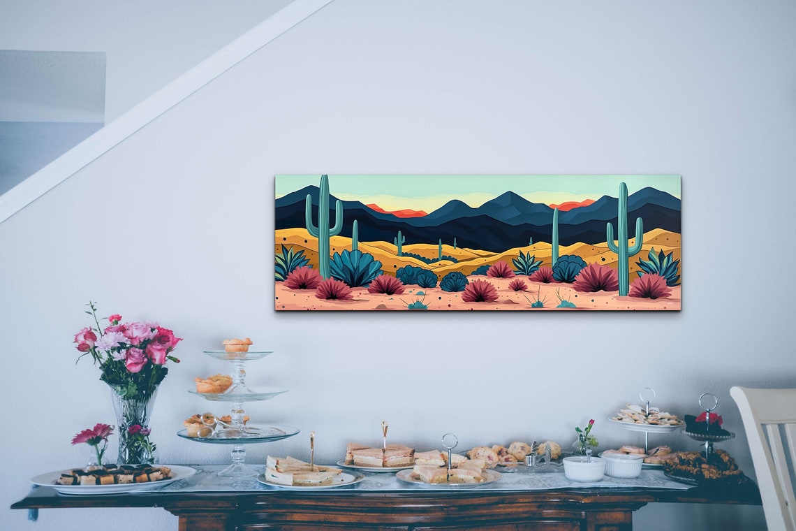 Panoramic Desert Cactus Colorful Pink Blue Modern Decor Wall Art - Image 5
